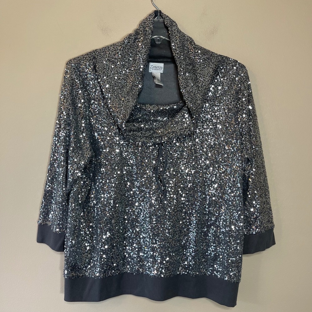 Zenergy by Chicos Silver Sequin Cowl Neck Top 3/4 Sleeve Size 3 XL